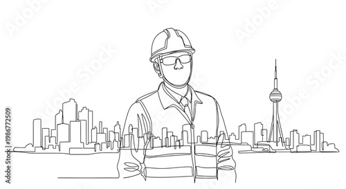 Man wearing safety gear and hardhat.
