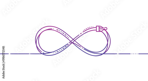 Gradient purple to blue infinity loop line art featuring a small digital connector head at the tip resting on a clean and bright white studio background.