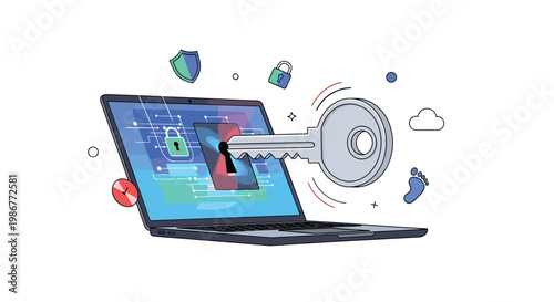 Metallic key inserting into a glowing digital lock on a laptop screen with floating security icons on a soft light blue studio background environment.