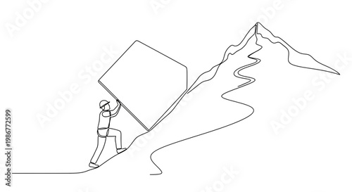 Person pushing large cube uphill alone.
