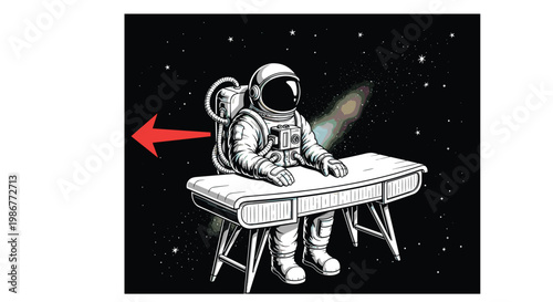 A detailed white astronaut suit sits at a metallic desk floating within the vast dark cosmos featuring a vibrant prismatic nebula and a bold red arrow.
