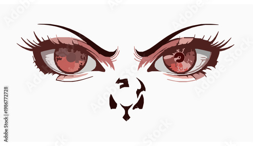Mystic anime eyes with glowing symbol and dark curse mark vector illustration isolated on white background