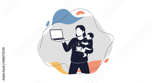 A busy mother balances a sleek laptop and a steaming coffee cup while cradling her infant child against a backdrop of soft organic shapes and muted tones.