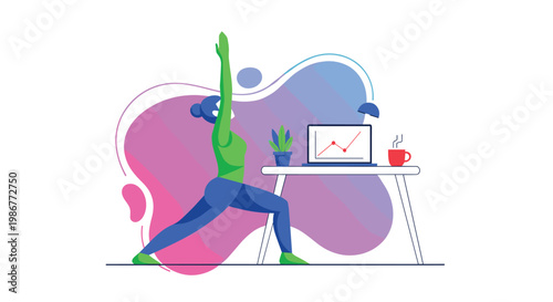 An athletic person performs a focused yoga stretch beside a minimalist desk featuring a laptop screen showing a rising financial graph in a vibrant space.