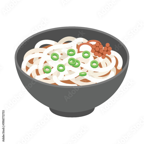 Isometric Illustration of a Japanese Ramen Noodle Bowl with Scallions and Fish Roe