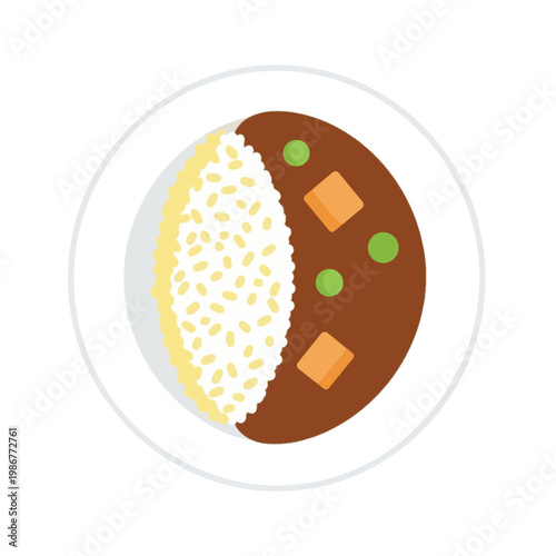 Flat vector illustration of Japanese curry rice on a white plate, minimalist food icon.