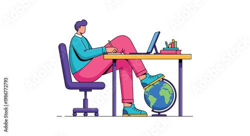 A focused man sits at a wooden desk with his feet resting on a globe while writing in a notebook next to his laptop in a bright and colorful workspace.