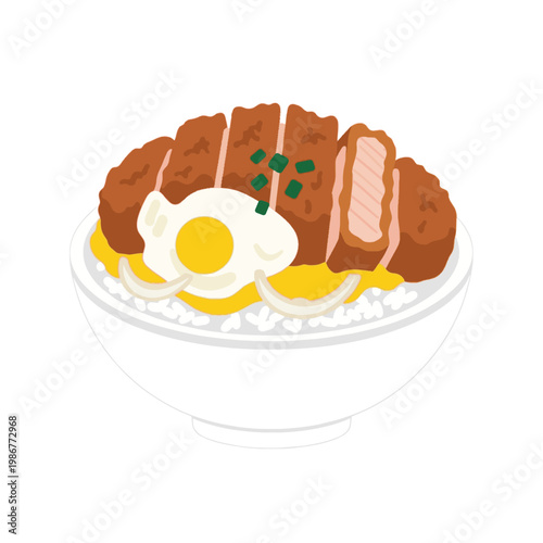 Japanese Katsudon Rice Bowl Illustration with Fried Pork Cutlet and Egg
