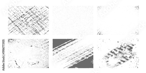 Grunge texture set with cracks, ink splatters, scratches, and dust overlays in black and white, high detail, abstract background style vector illustration.