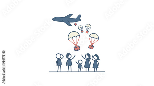 Aid Delivery Airplane Dropping Supplies to People Below