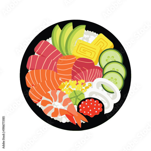 chirashi sashimi sushi bowl japanese food seafood salmon tuna shrimp avocado egg fresh healthy diet raw fish.