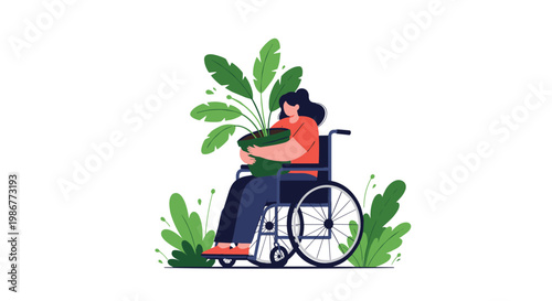 Young woman sitting in a wheelchair smiles as she hugs a large potted green plant showing her love for nature and indoor gardening at home.