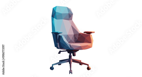 Modern ergonomic office chair rendered in a unique low-poly geometric style with a striking blue to orange gradient finish set on a pristine background.