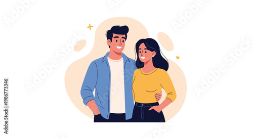 Happy young couple stands together smiling warmly while looking at each other against a soft background expressing love and companionship.