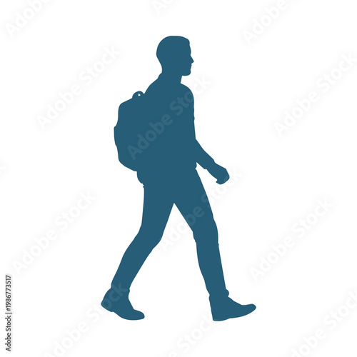 Blue silhouette of a walking man with backpack isolated on transparent background