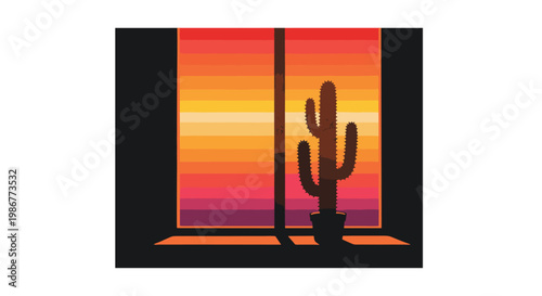 A solitary spiky cactus sits silhouetted against a window displaying vibrant horizontal sunset gradients of deep orange and purple within a quiet office.