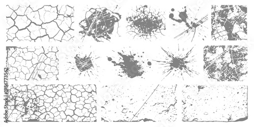 Grunge texture set with cracks, ink splatters, scratches, and dust overlays in black and white, high detail, abstract background style vector illustration.