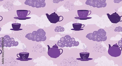 Whimsical pattern featuring purple teapots and tea cups floating among floral clouds on a light purple background for a tea party theme.
