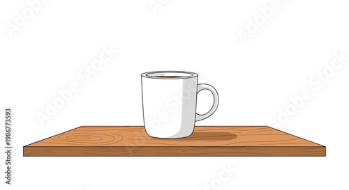 Simple white ceramic coffee mug filled with dark aromatic liquid resting on a textured wooden shelf against a clean and minimalist white background.