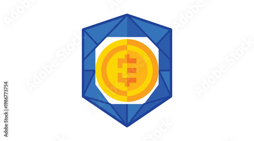Glowing golden coin rests securely encased within a protective faceted blue crystalline shield against a pristine and bright white digital studio backdrop.