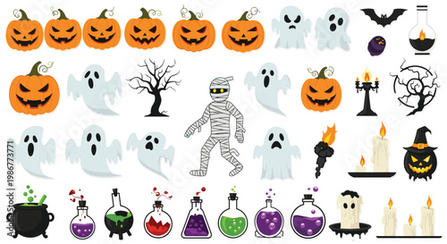Large collection of spooky halloween icons including ghosts, carved pumpkins, a mummy, magic potions, bats, and lit candles on white.