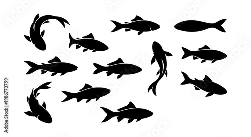 Black fish silhouette collection, 11 aquatic animal vector elements, minimalist sea life icons for fishing and seafood logos