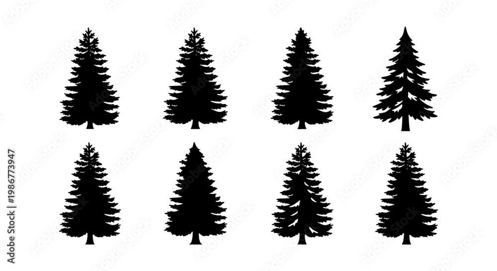 Obraz premium Pine tree silhouette collection, set of 8 evergreen conifer vectors, black spruce and fir tree icons for forest landscape design and winter decor