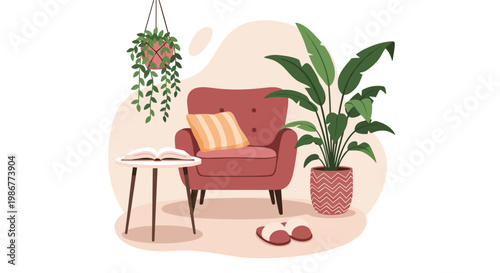 Peaceful reading corner featuring a red velvet armchair with a striped pillow, a small table with an open book, and indoor plants.