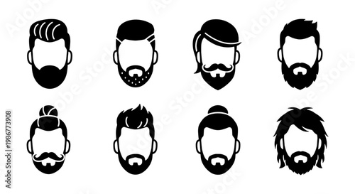 Hipster men hairstyles and beard icons, set of 8 black vector silhouettes, masculine facial hair and barber shop grooming symbols for branding