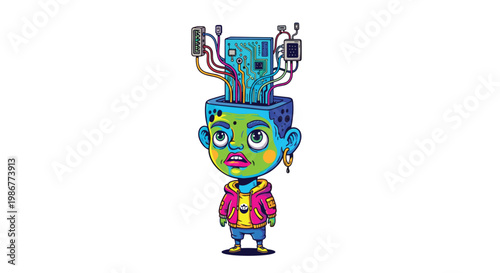 A character with neon green skin has a complex circuit board inserted into their head with colorful wires connecting to ports in a surreal illustration.