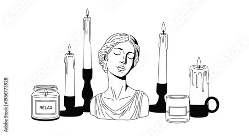 Artistic black and white line drawing of a female bust sculpture surrounded by various sizes of lit candles for a relaxing mood.