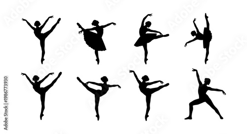 Graceful ballerina silhouettes set, 8 black vector dance figures in elegant poses, classical ballet dancer icons for theater and performance arts