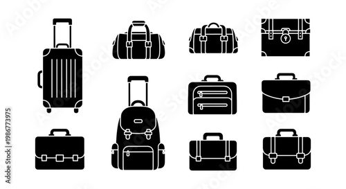 Travel luggage and bag icon set, 10 black vector silhouettes of suitcases, backpacks and briefcases, professional business travel gear collection