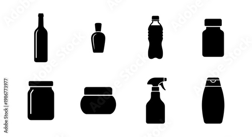 Minimalist black bottle icons set, collection of 8 plastic and glass container silhouettes, cosmetic and household product packaging vector symbols