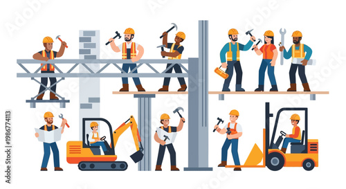 Vector art of construction engineers collaboratively working on a building project, illustrated with diverse characters wearing hard hats and using various tools against a clean white