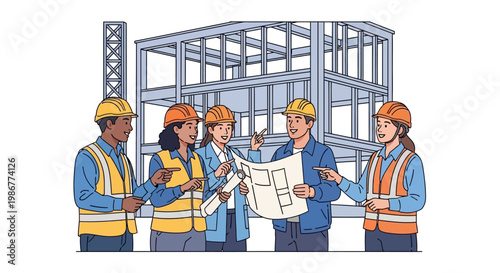A diverse team of construction engineers reviews a blueprint on a building site, depicted in a clean vector illustration with bold outlines and a minimalist design against a bright white