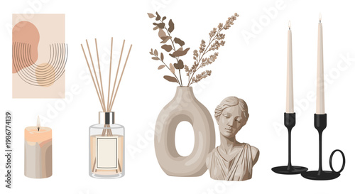 Aesthetic home decor set including a reed diffuser, scented candle, ceramic vase with dried branches, and a classical bust sculpture.