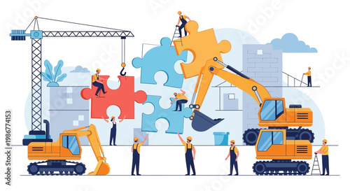 Illustrated construction engineers collaborate on a project, assembling large puzzle pieces with cranes and excavators on a construction site with a clean, vector graphic design