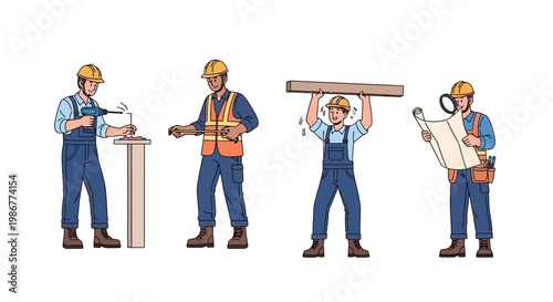 A vector construction engineering illustration shows four characters in action at a building site: one drilling, one directing, one lifting a beam, and one inspecting a blueprint, set