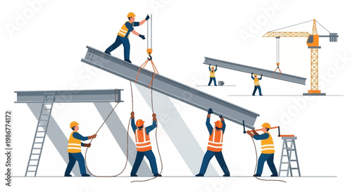 Vector illustration of construction workers collaborating on a construction site, lifting steel girders into place with a crane, set against a clean white background with a bright