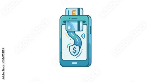 A credit card merges into a smartphone screen and transforms into a secure dollar sign shield icon within a clean and professional digital illustration.