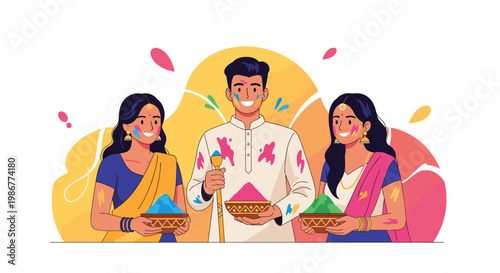 Group of friends celebrating the holi festival of colors together while holding bowls of vibrant pink, green, and blue powders.