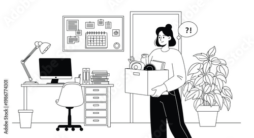 Sad office worker carrying a cardboard box filled with her desk supplies after being fired or quitting her job unexpectedly.