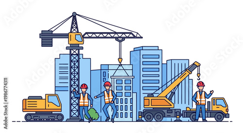 Construction engineering vector illustration of construction workers overseeing a crane lifting a building module, with a bulldozer and crane also on the site, set against a backdrop
