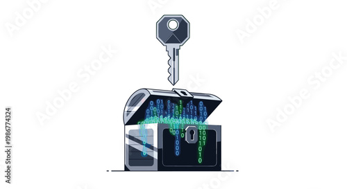 Metallic key hovers above a treasure chest overflowing with glowing green and blue binary code in a sleek and modern digital security concept illustration.
