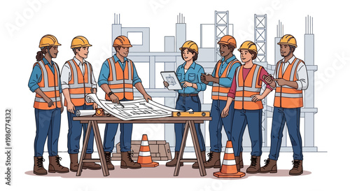 A diverse team of construction engineers reviews a blueprint on a wooden table at a building site, with a minimalist vector illustration style conveying collaboration and planning