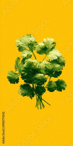 Fresh Green Cilantro Bunch on Vibrant Yellow Background
