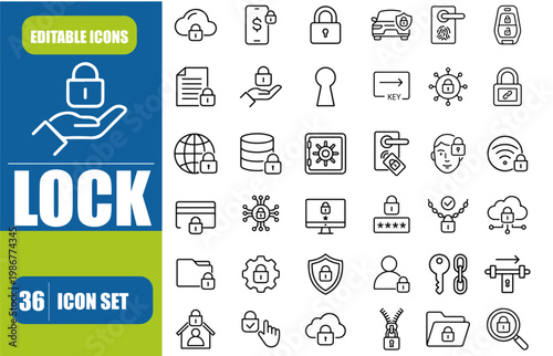 Lock Icon Set – Editable Line Icons for Security, Locksmith, Door Lock, Privacy Protection and Access Control Vector
