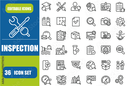 Inspection Icon Set – Editable Line Icons for Car, House, Property, Safety and Quality Iction Vector
