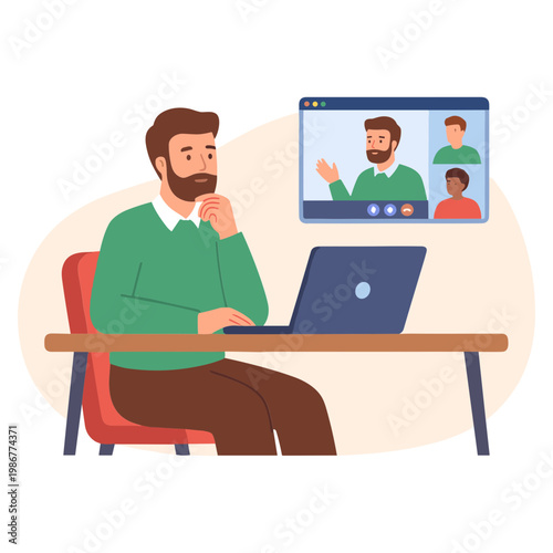 A cheerful man smiles while looking back over his shoulder in an illustration.